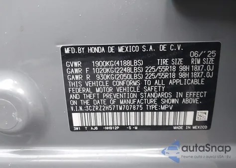 2026 Honda Hr-V Awd Sport z USA, uszkodzony, nr VIN 3CZRZ2H57TM707875